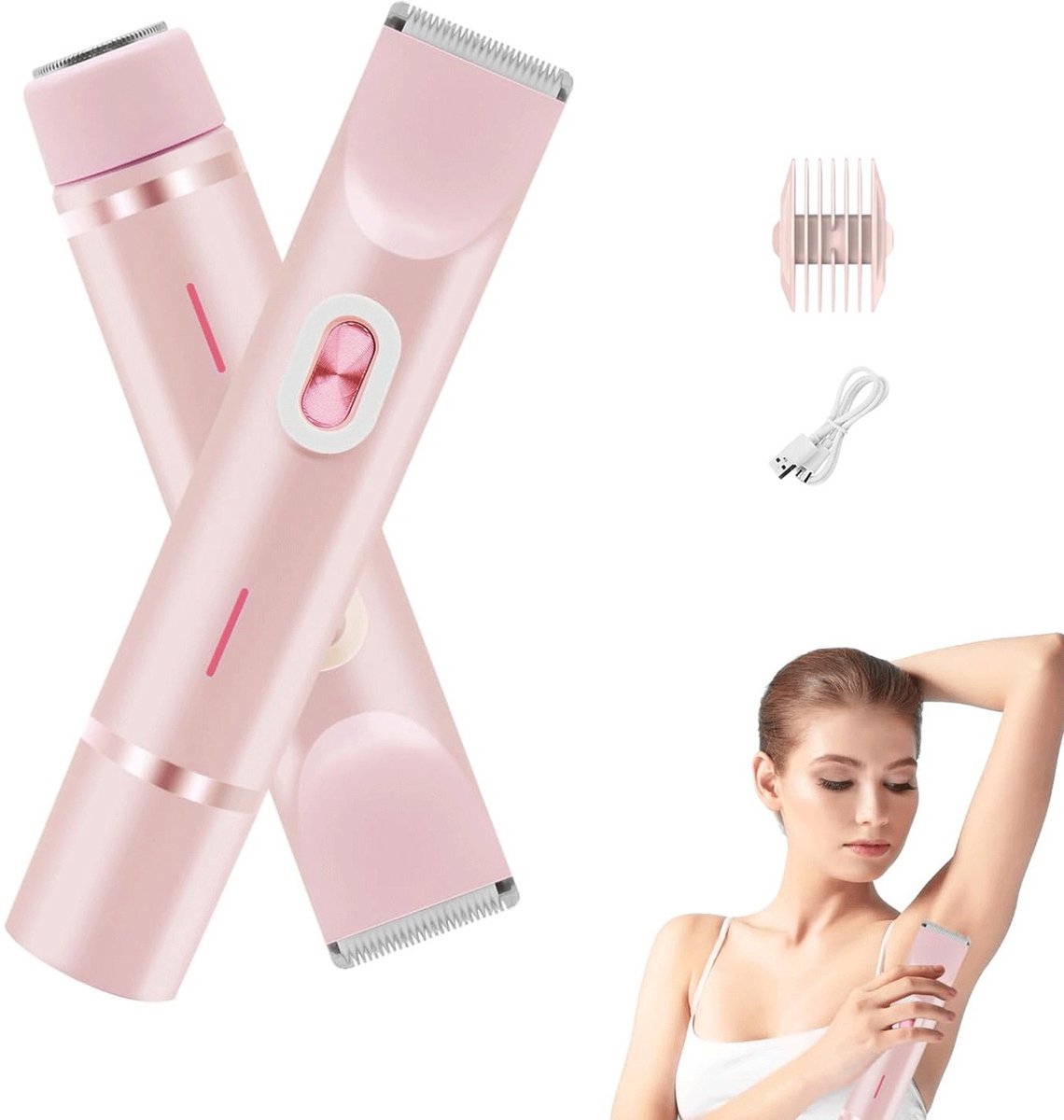 1 stuk - Scheerapparaat vrouw - Bikinilijntrimmer met twee koppen - Ontharingsapparaat Electrisch Ontharen - Gezichtsontharing - Trimmer Vrouw - USB Oplaadbaar - Geschikt voor oksels, benen, bikinilijn - Roze