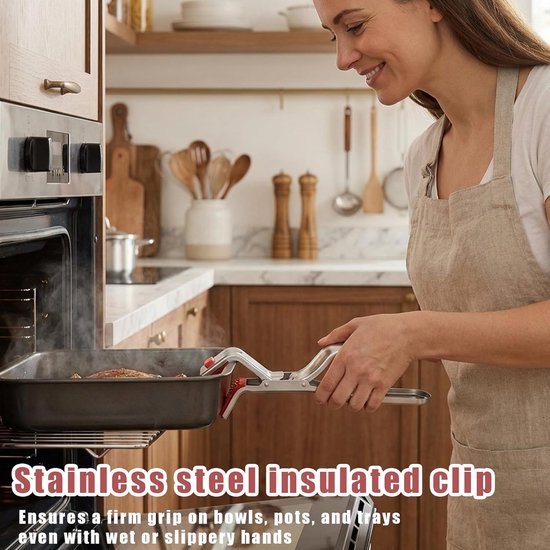 2 stuks roestvrijstalen klemmen voor hete platen - anti-verbrandingsklemmen voor platen en kommen, geschikt voor magnetron, oven, airfryer en stoomkoker - Ergonomisch antislipontwerp voor een veilige grip en bescherming tegen hitte. — afbeelding 3