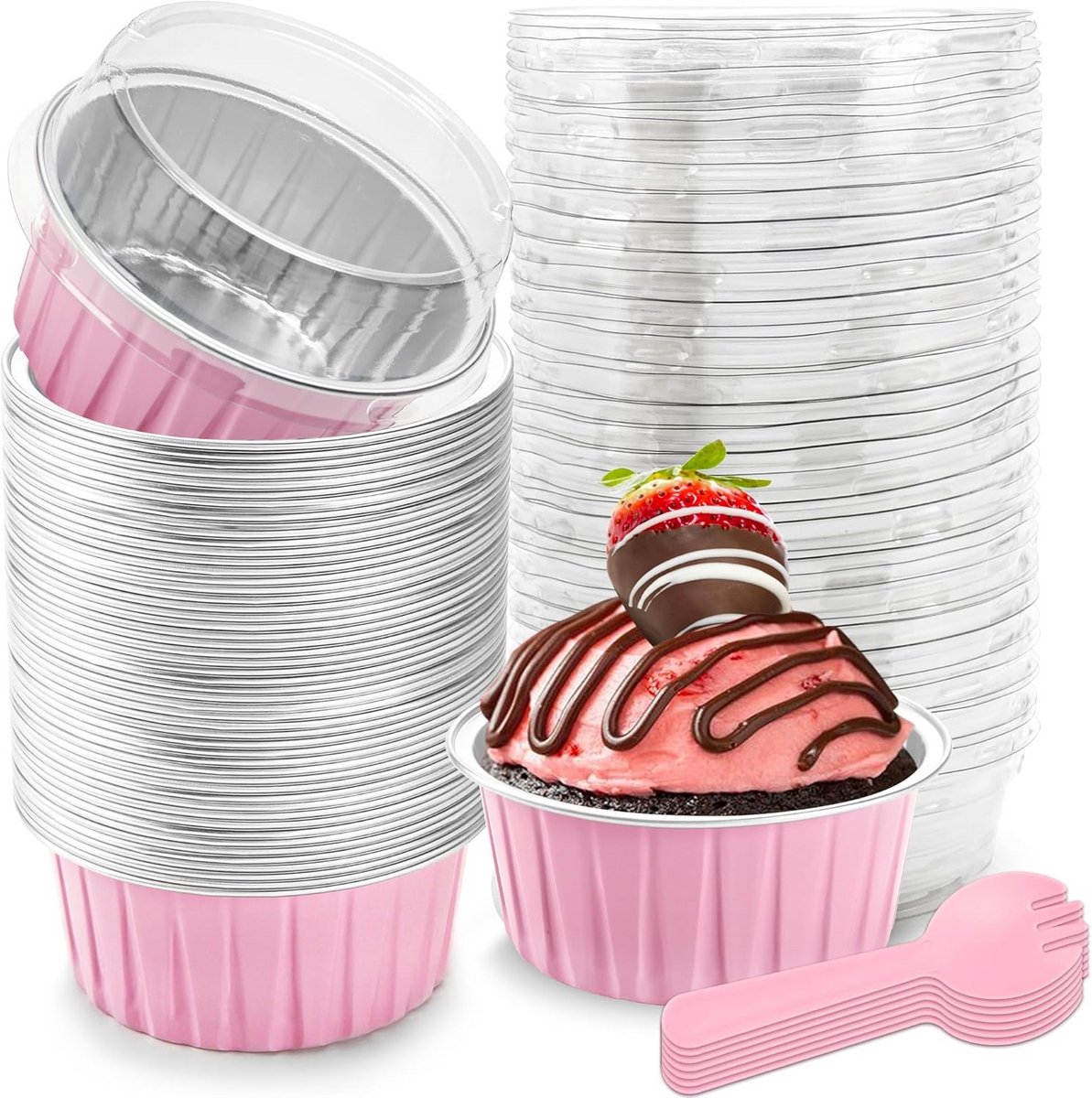 Mini Aluminium Cupjes met Deksel 5 oz - Roze (50 stuks)