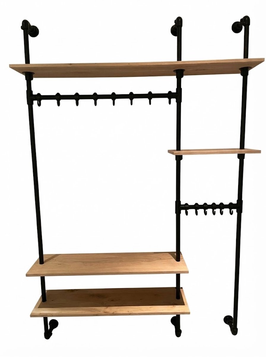 Industriële wandkapstok 140 cm – eikenhout met zwart staal – Design85 “Stralend”