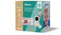 Verpakking van de Alecto babyfoon met afbeeldingen van de babyfoon, camera, smartphone app en een baby.