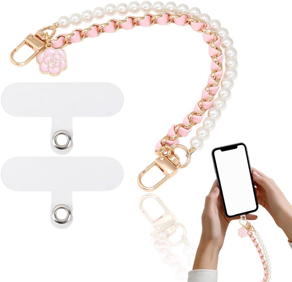 Universele Telefoonketting met Roze Parels - Nekkoord & Polsband voor Smartphone
