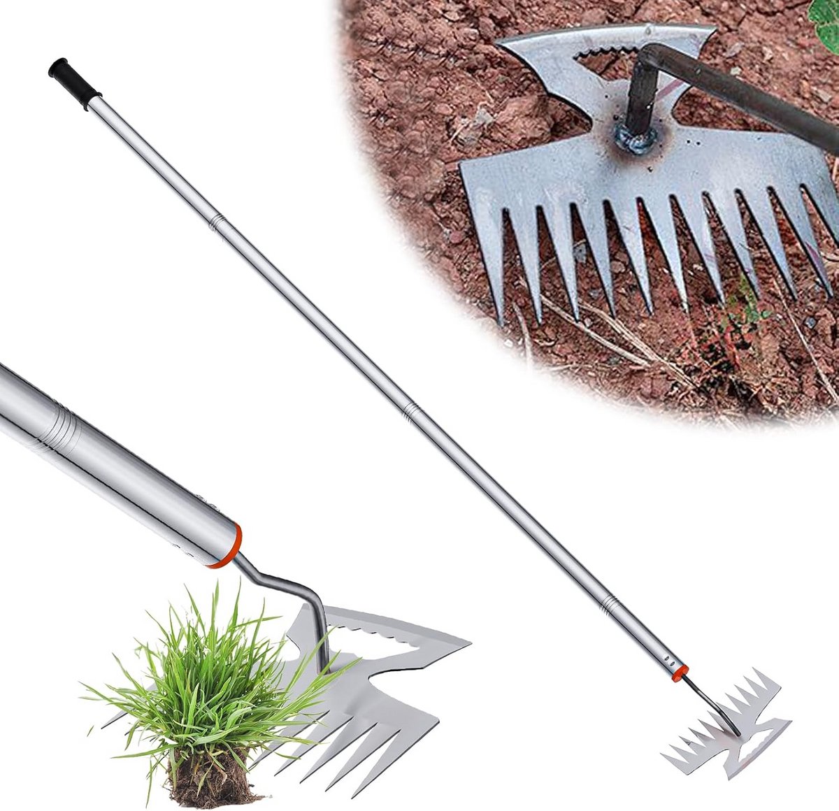 Onkruidtrekker met lange steel – 2-in-1 tuinkoffel en onkruidhark met 11 tanden voor wieden, ontwortelen en planten