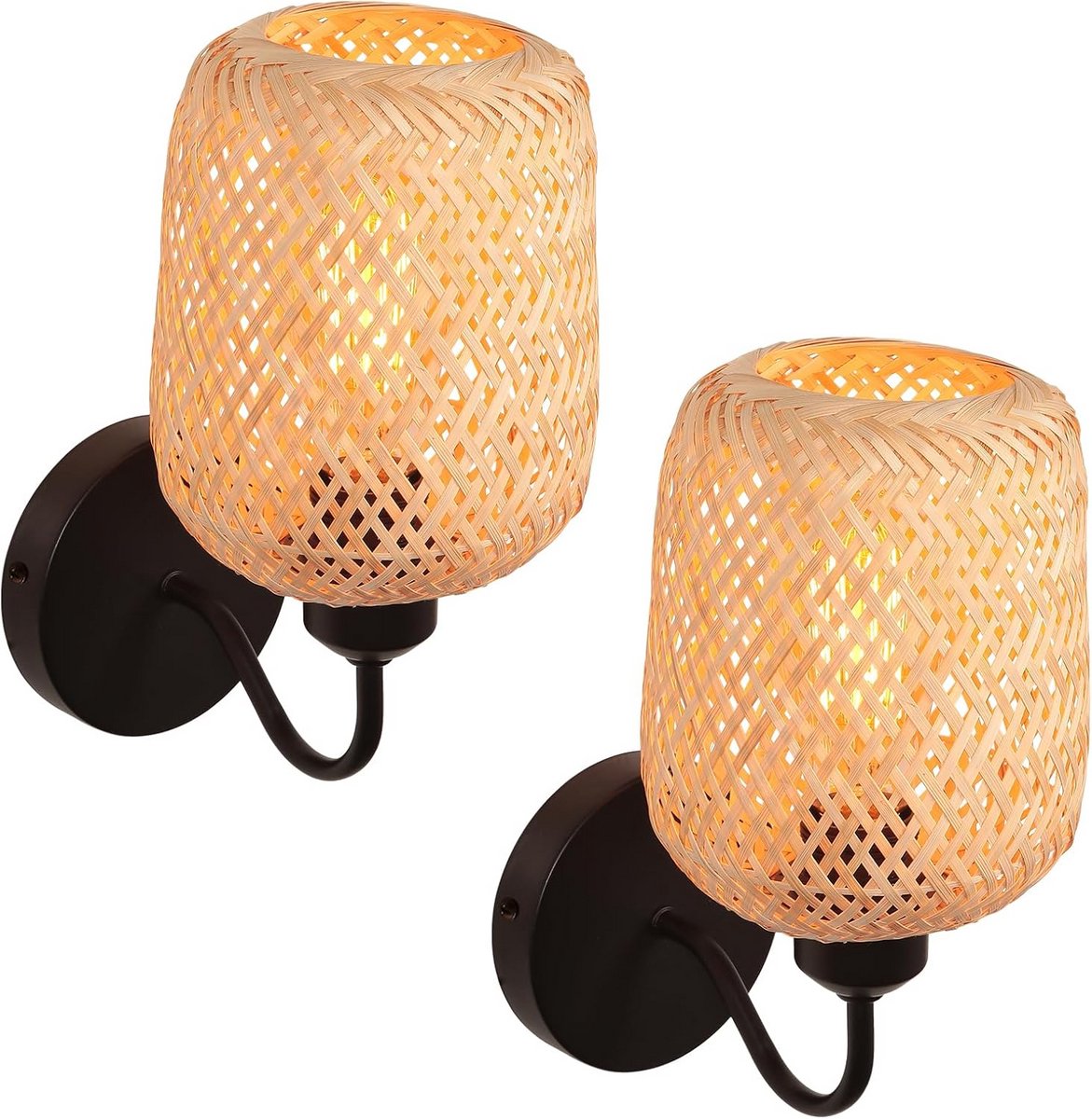 Set van 2 Vintage Wandlampen met Handgeweven Bamboekap E27 - Boheemse Stijl voor Slaapkamer en Woonkamer