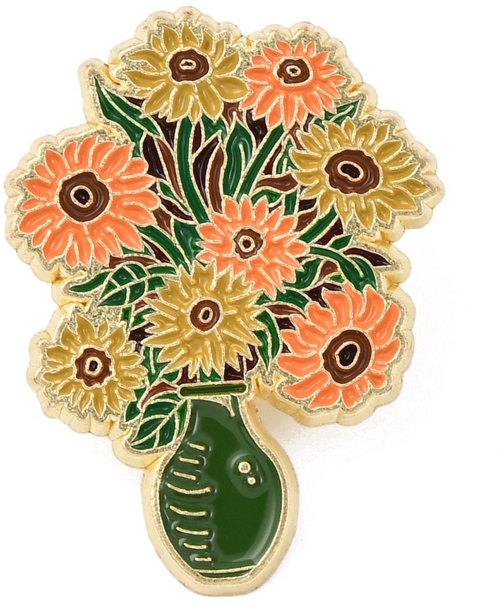Pin zonnebloem, bloemen, hippie, flowerpower, broche, emaille pin, kledingspeld