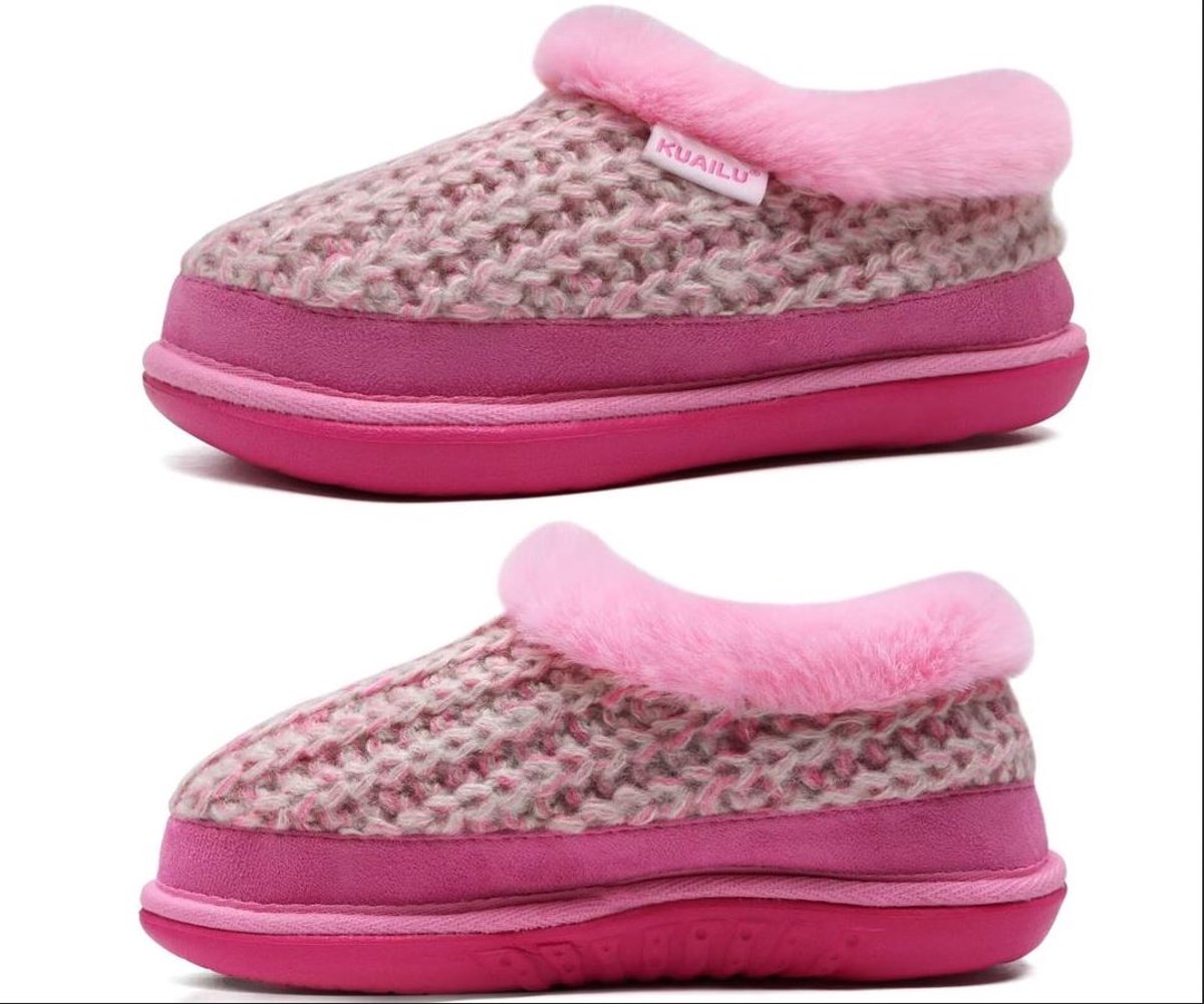 KuaiLu Dames Gebreide Huisslippers met Memory Foam en Boogondersteuning – Warme Pantoffels met Faux Fur Voering & Antislip Zool – Maat 41