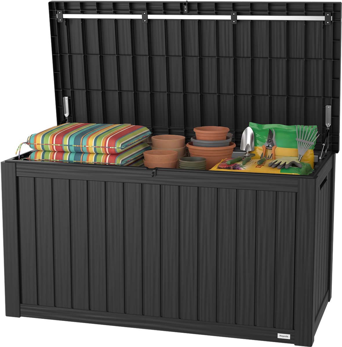 LifeGoods Opbergbox - 570L - Kussenbox - Waterdicht - Tuinkussenbox - Roestvrij - Tuinbox - 137.5x66.5x72.8 cm - Zwart