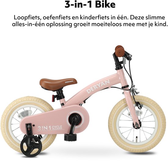 Deryan Luxe Kinderfiets 12 inch - 3 in 1 - loopfiets - Roze van Deryan — afbeelding 5