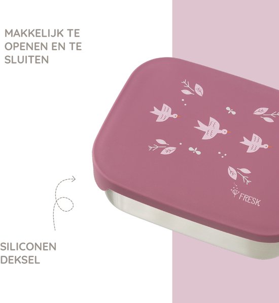 Paars deksel met vogeltjes erop 'Makkelijk te openen en te sluiten' en 'Siliconen deksel'.