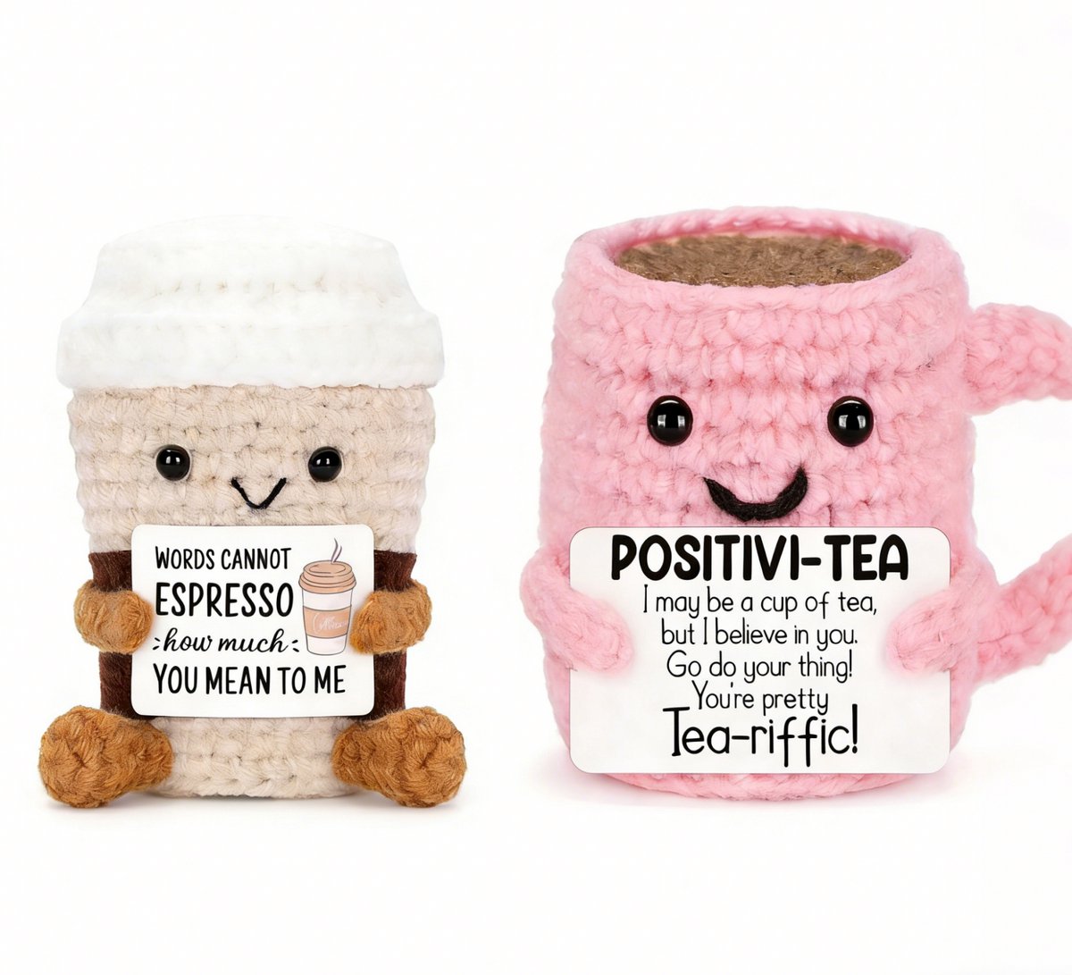 Kraftverdia Handgemaakte Gehaakte Koffiekop Knuffel - Schattig Breiwerk met Positieve Boodschap - Emotionele Steun & Schattig Cadeau voor Vriendin, Lerares of Collega - Perfect voor Verjaardag, Kerst of als Opkikker
