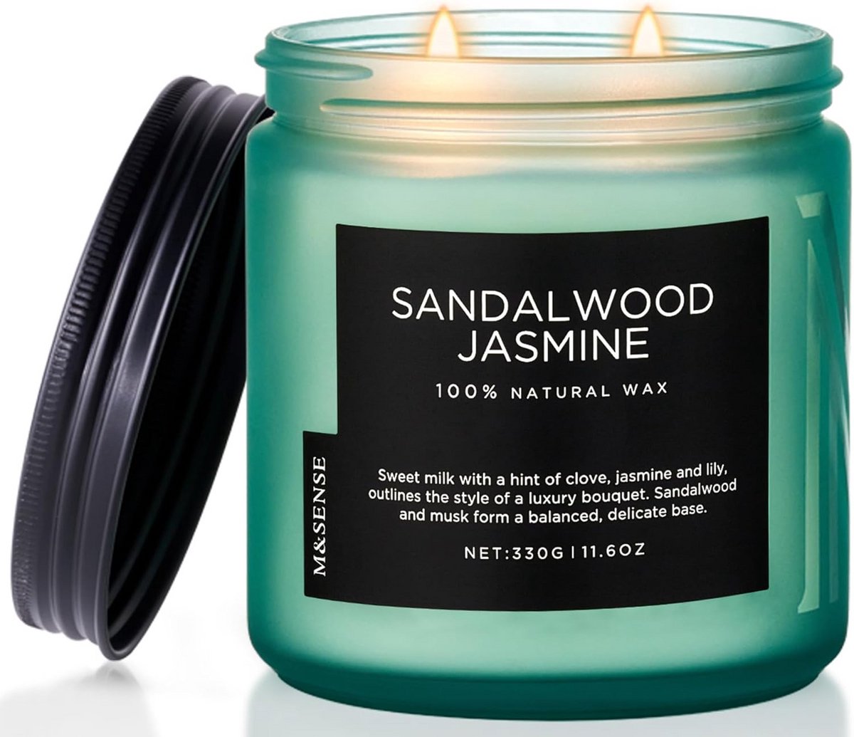 Sandalwood Jasmine Geurkaars - 11 oz - 70 uur brandtijd - Natuurlijke sojawas - 2 katoenen lonten - Home decor