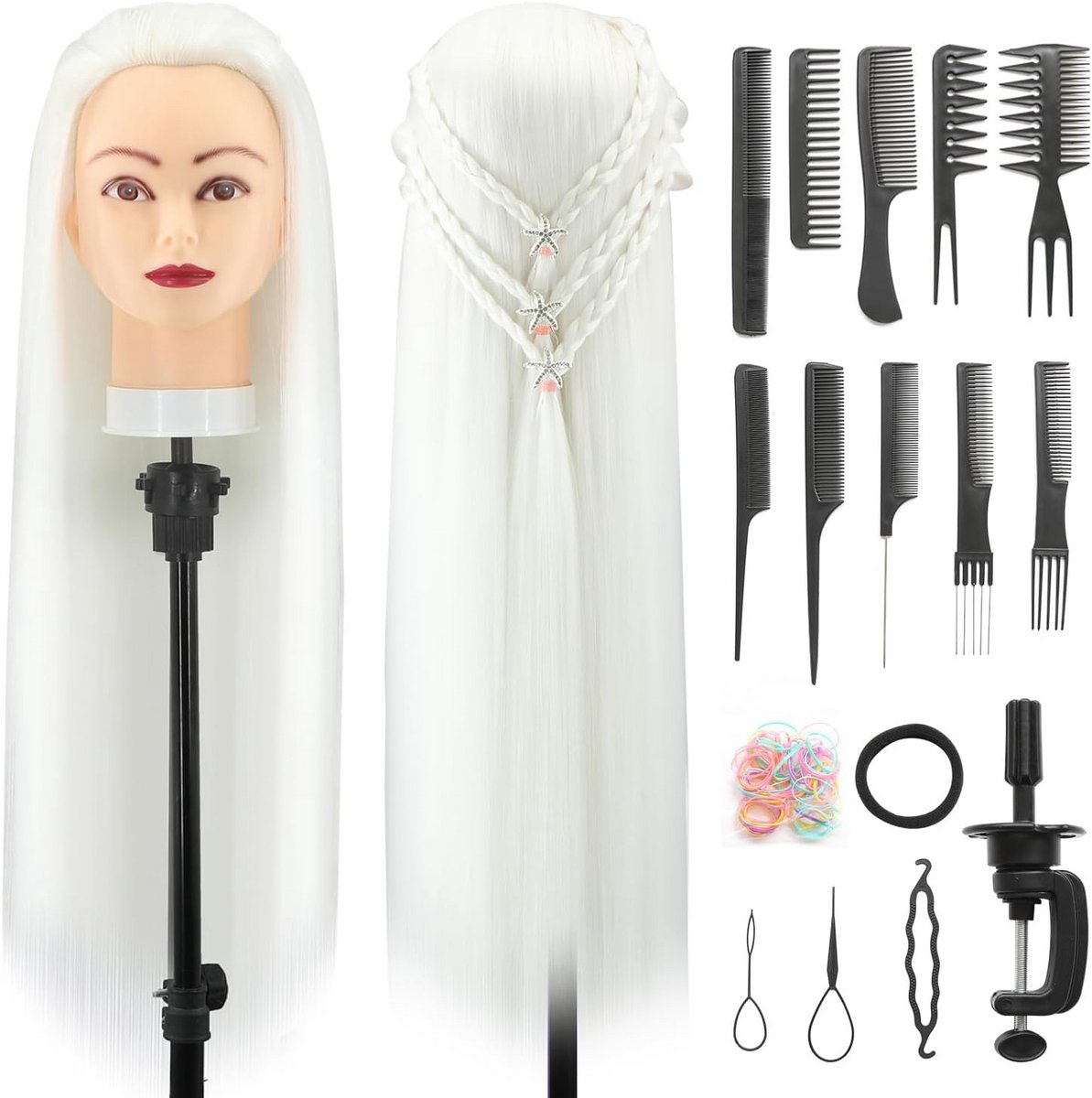Trainingshoofd 28 inch Wit - Oefenhoofd 100% Synthetisch Haar met Klem en Vlechtset