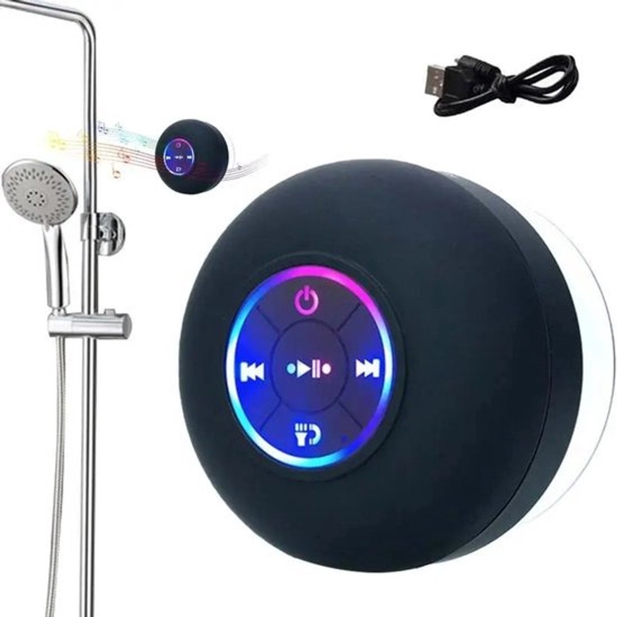Waterdichte LED Bluetooth Douche Luidspreker met Zuignap - Zwart - USB Oplaadbaar. Geschikt voor Smartphone, Tablet en PC. Muziekbox voor onder de douche