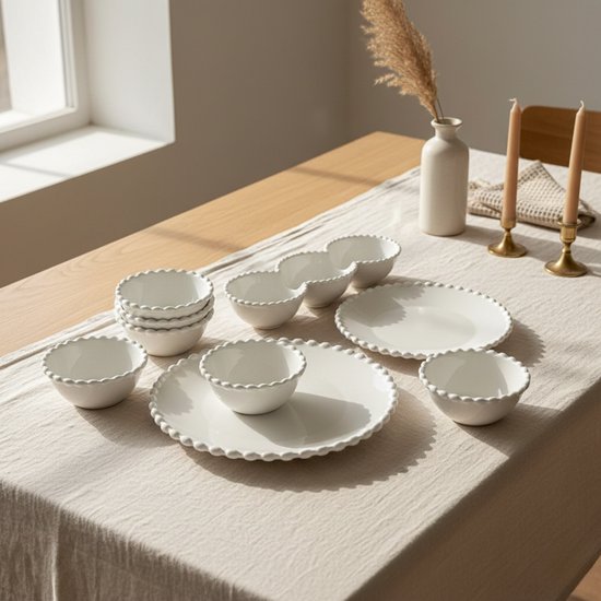Wit keramiek servies met parelrand op tafelkleed: stapel schaaltjes, twee serveerschalen, platte borden en vier kommen.