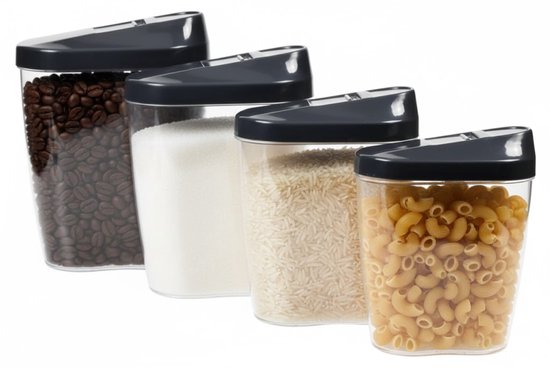 Vier doorzichtige, ovale voedselcontainers met grijze, kantelbare deksels. Gevuld met koffiebonen, suiker, rijst en pasta.