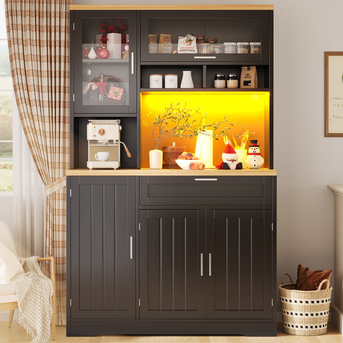 Sweiko Keukenkast - Dressoir - LED-verlichting - Met lades - Zwart + Natuurlijke