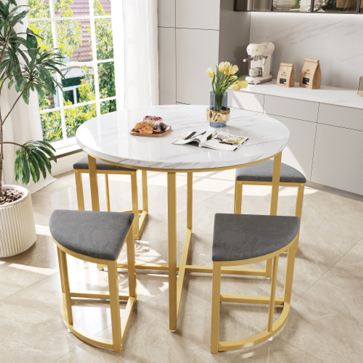 Eettafel set met vier stoelen, eethoek met MDF-tafelblad en verguld ijzeren frame, fluwelen stoel, moderne luxe tafels en stoelen, grijs