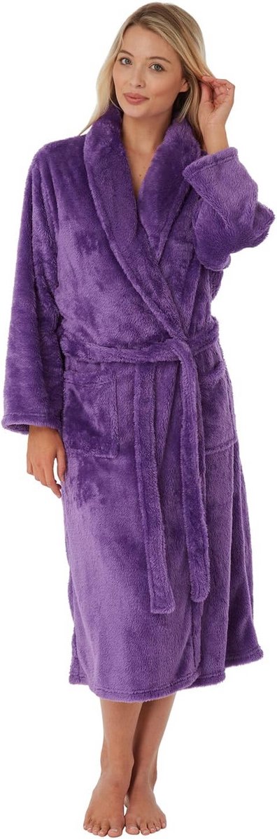 Dames ochtendjas - zachte fleece - knielang - sjaalnekwijze - wikkelriem - 10-24 UK