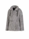 Grijze fleece damesvest met ritssluiting, hoge kraag, zwarte trekkoorden en een logo op de borst.