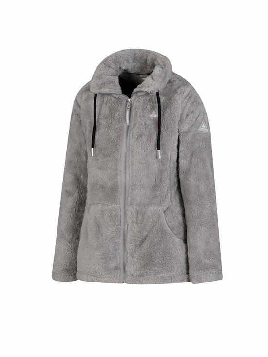 Grijze fleece damesvest met ritssluiting, hoge kraag, zwarte trekkoorden en een logo op de borst.