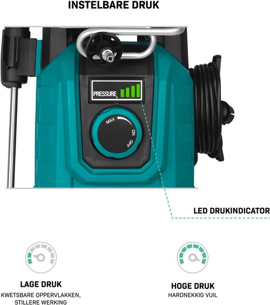Close-up van turquoise hogedrukreiniger met instelbare druk en LED drukindicator.