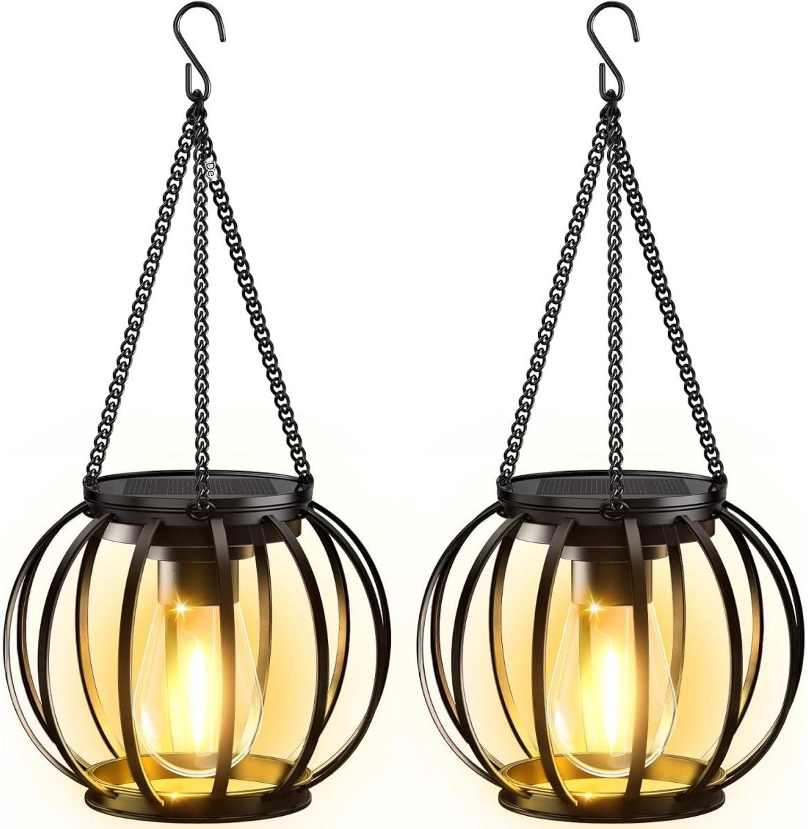 GELLDG 2 stuks Solarlantaarns - Hangend - Solar buitenverlichting - Metaal - Met grote LED-lampen - Waterdicht - Solar tuinverlichting - Met haken en kettingen - Geschikt voor terrassen, gazons, balkons en tuinen
