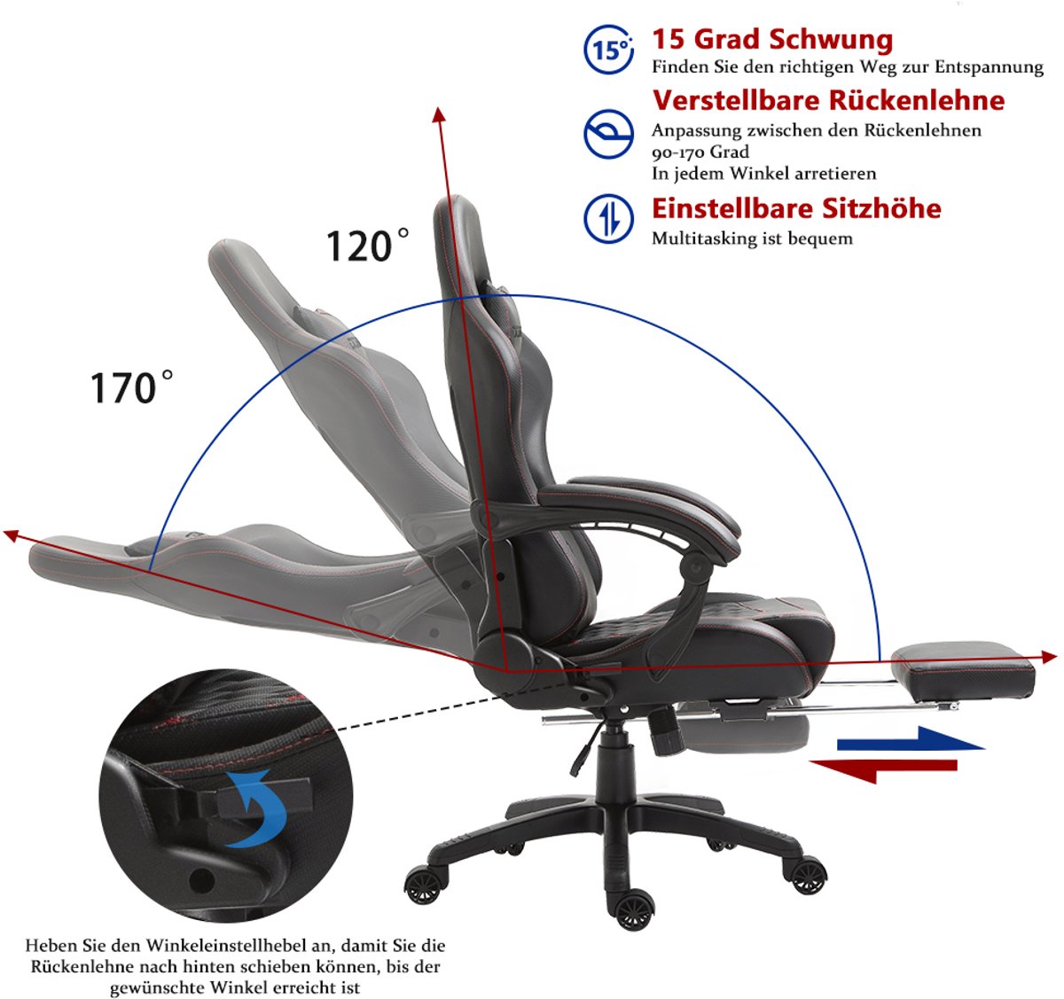 Dowinx Luxe Gamingstoel Ergonomisch met Massage Lendensteun - afbeelding 3