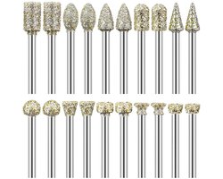 GELLDG Diamantfreesset - Diamantfreeskoppen - Slijpnaalden - Geschikt voor Dremel roterende gereedschappen - 1/8 inch schacht - Geschikt voor graveren, slijpen, polijsten en beeldhouwen van steen, glas en keramiek - 20 stuks