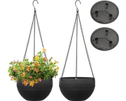 Twee hangende bloempotten voor buiten met drainagegaten, zelfwaterende hangende bloempotten met roestvrije kettingen, geschikt voor zowel binnen als buiten, zwart, 21 cm.