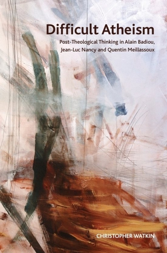 Boek kaft met de titel 'Difficult Atheism' in grote letters. Abstracte kunst met bruine en grijze strepen op een witte achtergrond.