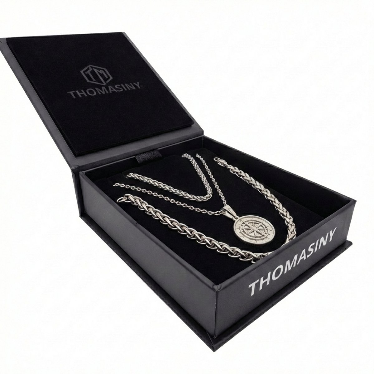 Kompas Cadeauset Zilver – 3-delige Heren Sieradenset met Kompas Hanger – 316L RVS