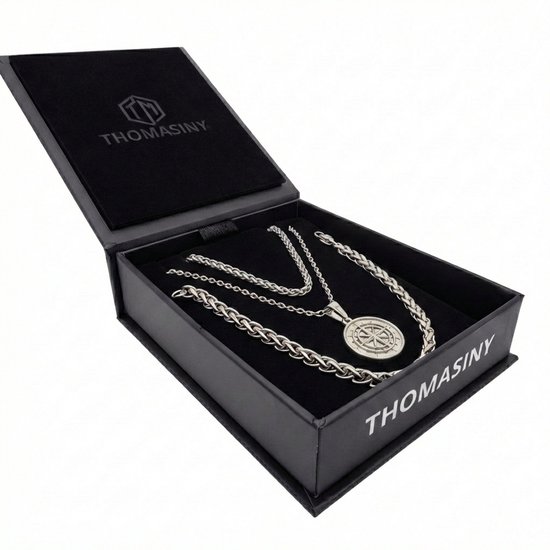 Kompas Cadeauset Zilver – 3-delige Heren Sieradenset met Kompas Hanger – 316L RVS