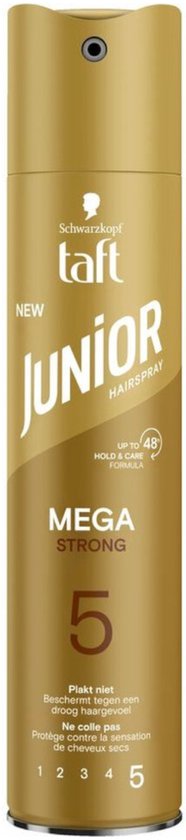 Taft Junior Mega Strong haarspray met gouden top en gele/groene bus met tekst 'Plakt niet, Beschermt tegen een droog haargevoel'.