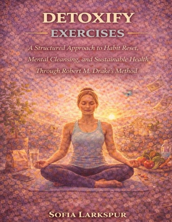 Couverture du livre 'Detoxify Exercises'. Femme en position du lotus, avec le texte 'Detoxify Exercises' et 'Sofia Larkspur'.