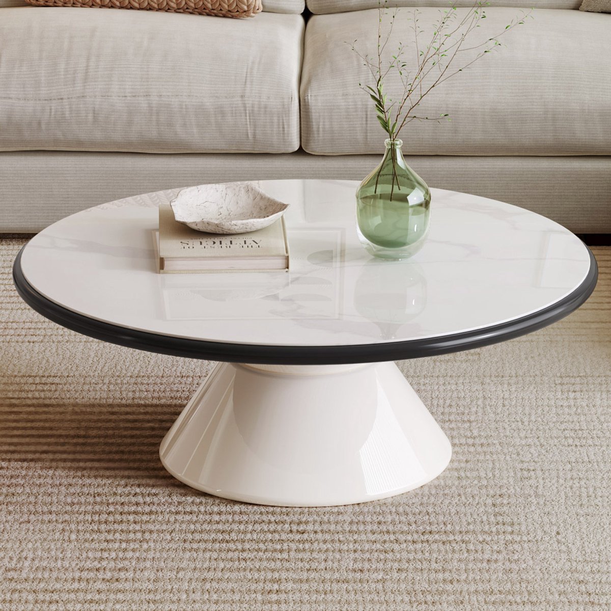 Guyii Meubels Ronde salontafel wit 71 cm – Gehard glazen blad – Hoogte 35 cm – Stevige voet – Minimalistisch design