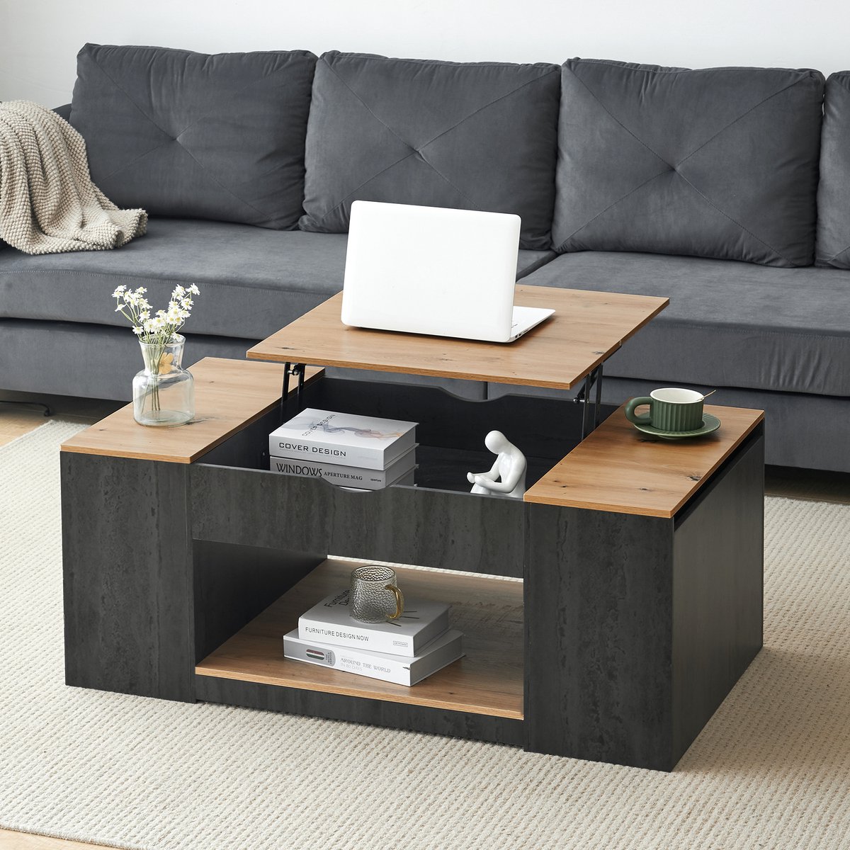 Clruro Salontafel met Liftfunctie - 109.5 cm - Grijze Frame - Stijlvol Design met Opbergruimte onder het Tafelblad Grijs + bruin