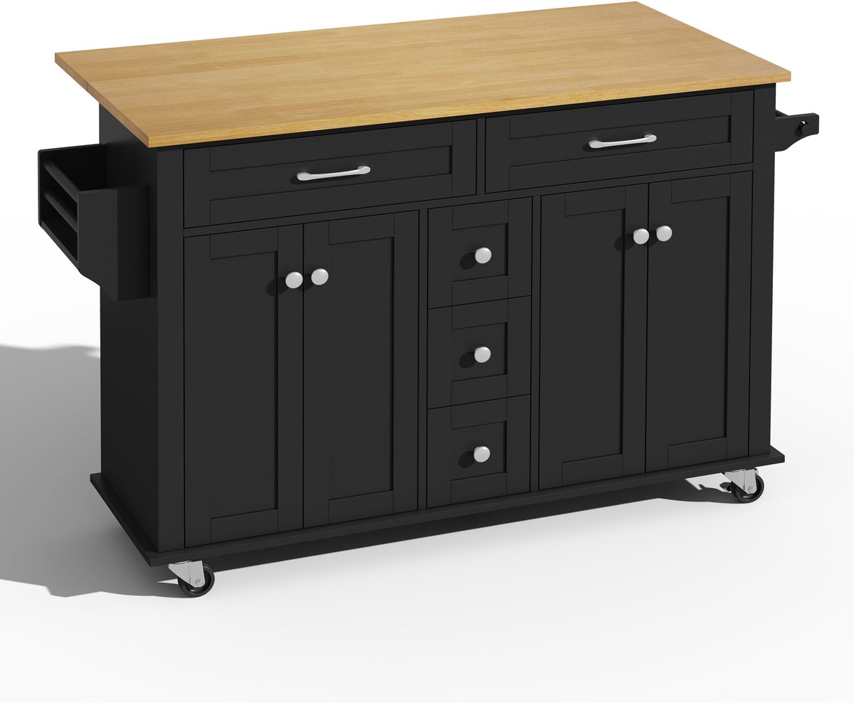 Urban Loft - Serie Metro - Keukenwagen / Keukeneiland 140 cm - Met Uitklapbaar Werkblad - 5 Lades & Verstelbare Planken - Kruidenrek & Handdoekhouder - Multifunctioneel