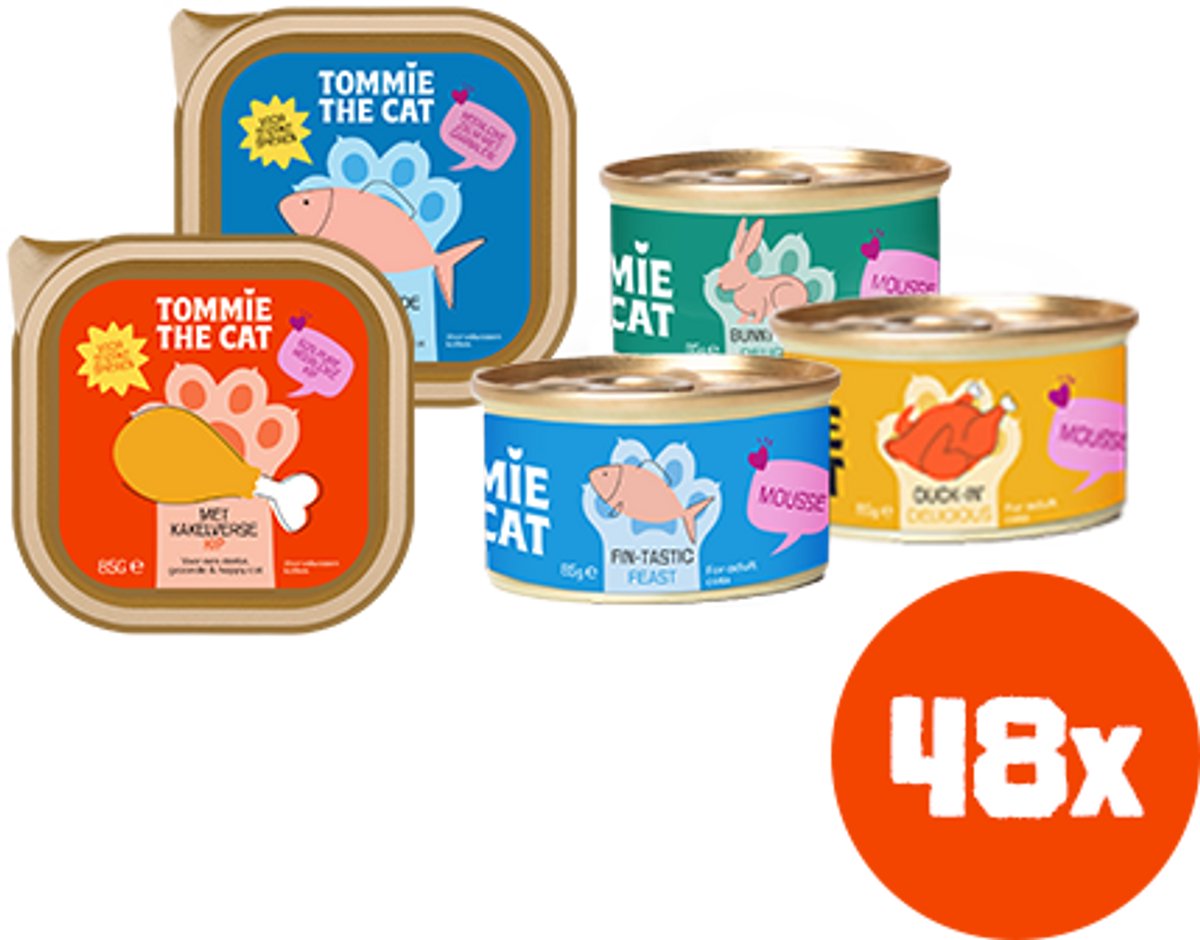 Tommie the Cat - 48 x 85gr - verse paté & mousse mix smaken - kattenvoer natvoer - voordeel verpakking - zonder suiker en graanvrij