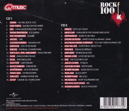 CD hoes met de tekst "Q music ROCK 100", met tracklists voor CD 1 en CD 2.