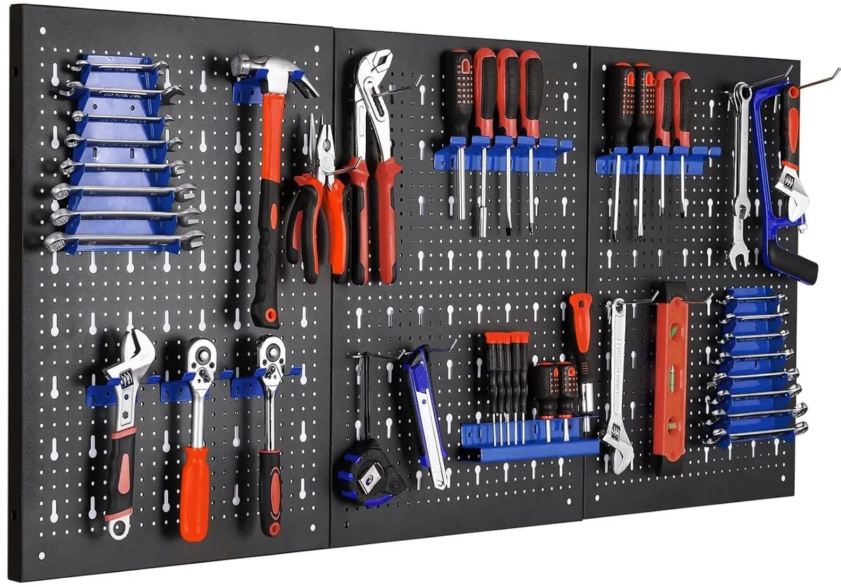 LabelOne Gereedschapswand - Gereedschapsbord - Pegboard - 3 panelen - incl. gereedschapshouders - 117 x 55 cm - zwart/blauw