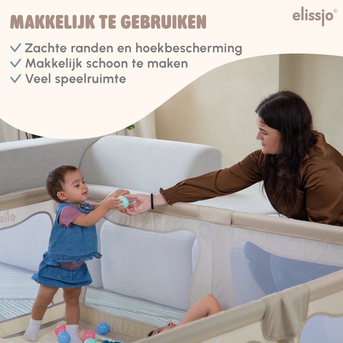 Elissio® - Grondbox Baby – Inclusief Dubbelzijdige Speelmat – Baby Speelbox met 50x Speelballen - Kinderbox - Playpen - 180x150 CM - Beige – foto 8