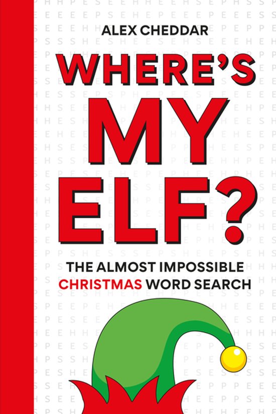 Boek kaft met rode titel 'WHERE'S MY ELF?' en een afbeelding van een groene elfmuts met gele pompon.