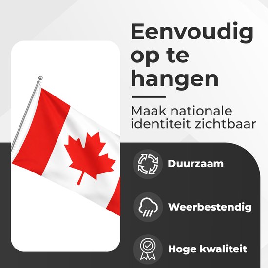 Canadese vlag wapperend aan een vlaggenmast, met iconen voor duurzaamheid, weerbestendigheid en hoge kwaliteit.