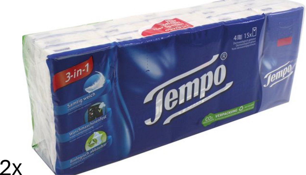 Tempo Zakdoeken- Voordeelverpakking - 2 pakken van 15x10 - 4 Lagen
