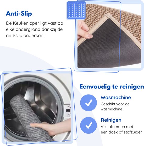 Grijze keukenloper met anti-slip onderkant, en close-up van wassen in de machine. "Anti-Slip", "Eenvoudig te reinigen".