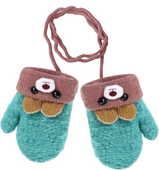 Turquoise gebreide wanten met bruine band, beertjesoren en zwarte oogjes, verbonden door koord.