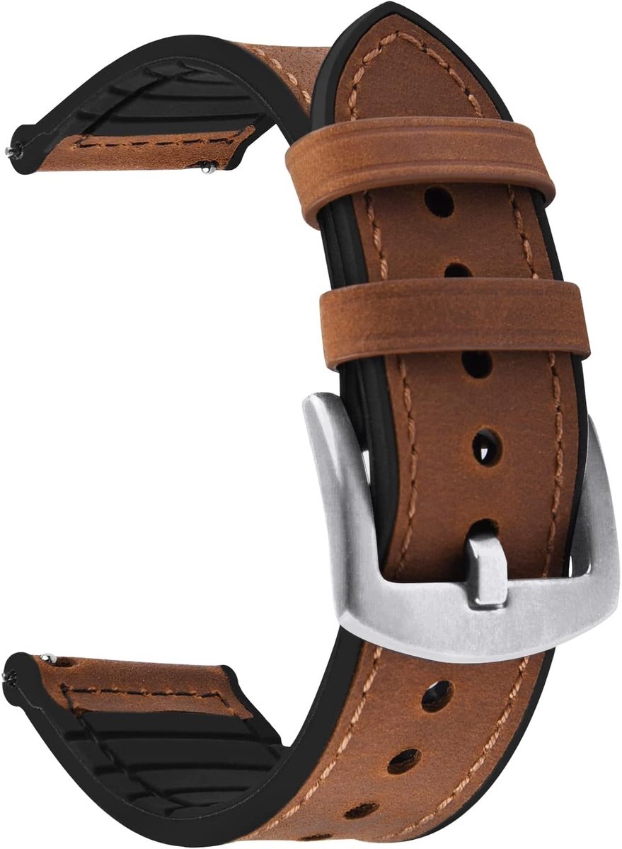 Watch Band 18mm 20mm 22mm - Leather Silicone Band - Smartwatch Band voor Samsung Galaxy Watch-HuaWei Watch-Garmin Forerunner-Amazfit - Bruin + Zilveren Gesp - Casual