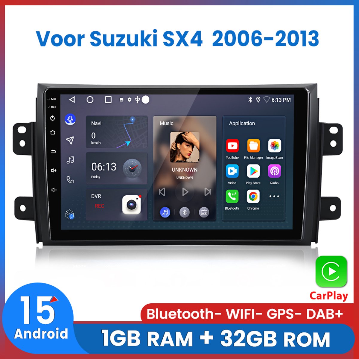 Awesafe Autoradio - Geschikt Voor Suzuki SX4 2006 t/m 2013 - Apple Carplay & Android Auto - 1GB+32GB - GPS Navigatie RDS - Bluetooth & Wifi - 2006 2007 2008 2009 2010 2011 2012 2013