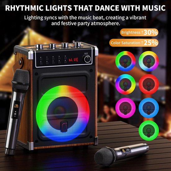 Karaoke Machine - Karaokeset met 2 Draadloze Microfoons - Bluetooth Speaker - Mobiel Karaoke Systeem - Oplaadbaar - PA Systeem - Bruin — afbeelding 2