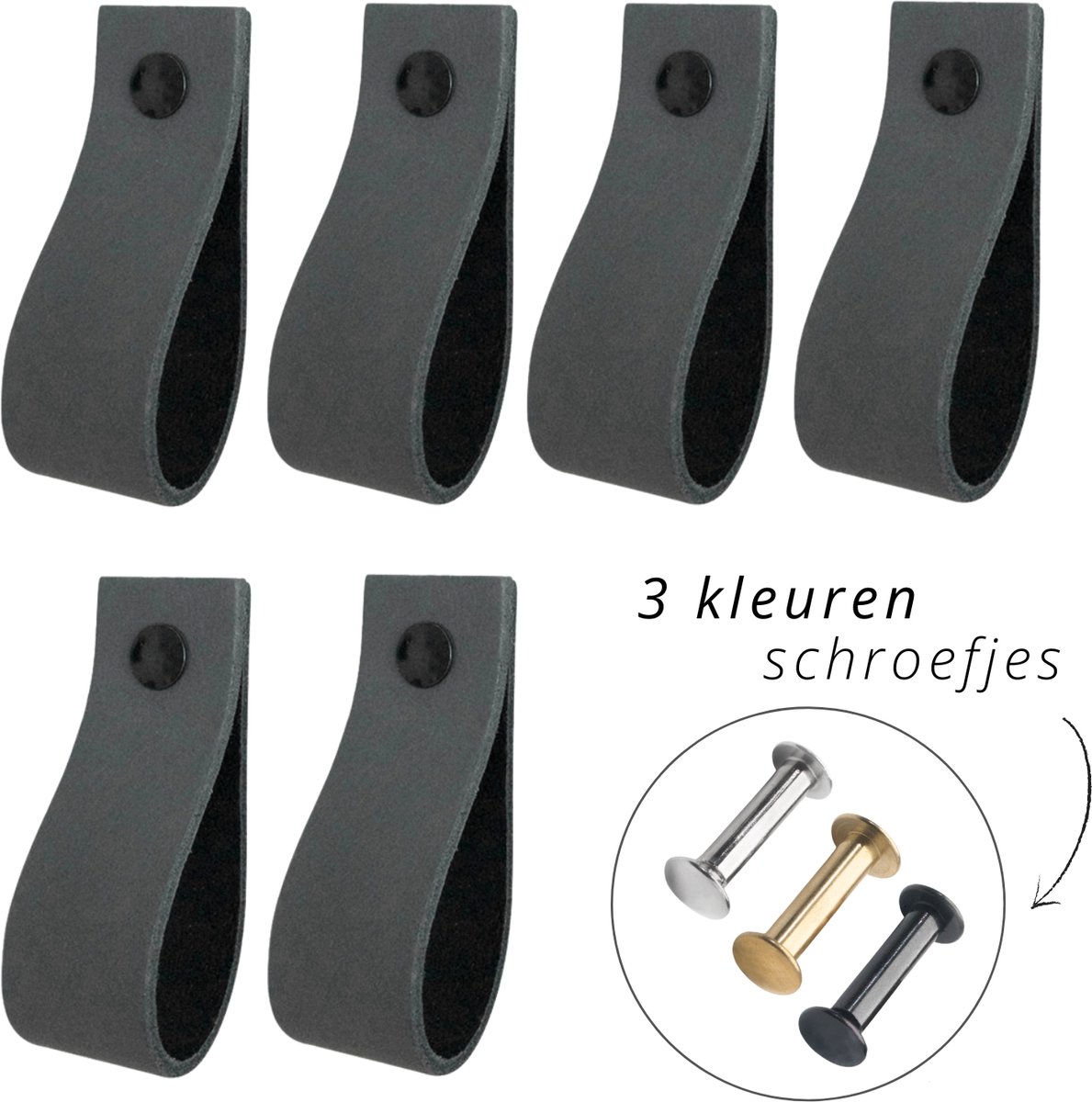 Handles and more - 6x Leren handgrepen lusjes - Vintage Grey - maat S (15,8 x 2,5 cm) - incl. 3 kleuren schroefjes (handgreepjes - leren grepen - greepjes - leren lusjes)